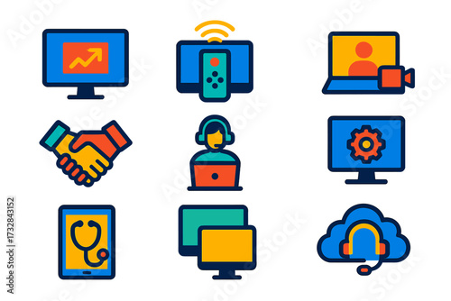 Remote Tech Icons. Flat vector icons of remote support technology: screen sharing icon, remote control icon, video session icon,