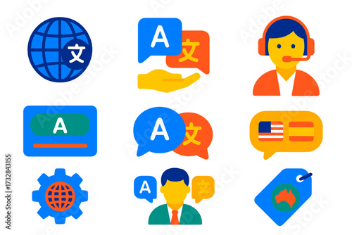 Multilingual Support Icons. Flat vector icons of multilingual support: language globe icon, translation help, multilingual agent,