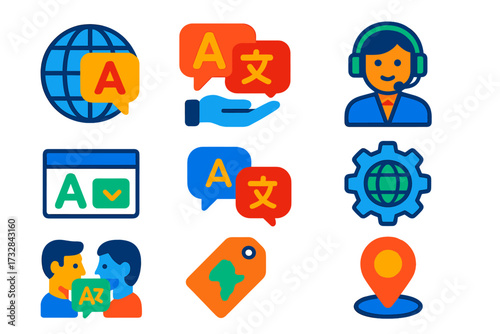 Multilingual Support Icons. Flat vector icons of multilingual support: language globe icon, translation help, multilingual agent,