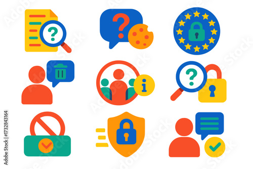 Privacy Policy Icons. Flat vector icons of privacy and policy FAQ: data usage question icon, cookie policy FAQ, GDPR compliance