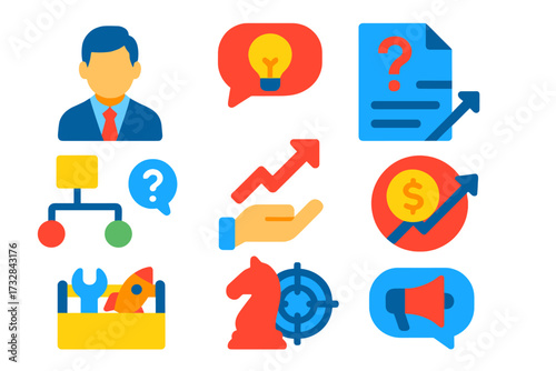 Business Help Icons. Flat vector icons of business help services: consultant profile icon, expert advice symbol, business FAQ