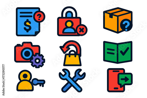 Flat Help Center Icons. Flat vector icons of help center sections: billing help section, login issues support, delivery