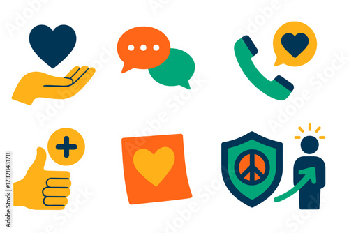 Emotional Support Icons. Flat vector icons of emotional and mental help: support hand icon, therapy chat bubble, talk to someone