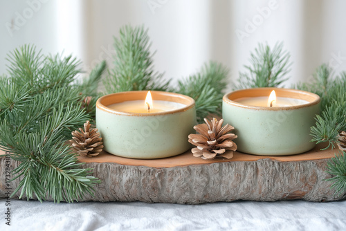 Cozy cedar and pine candle display with pinecones on rustic wooden tray for holiday decor.