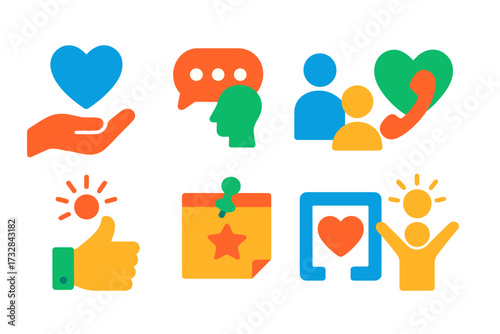 Emotional Support Icons. Flat vector icons of emotional and mental help: support hand icon, therapy chat bubble, talk to someone