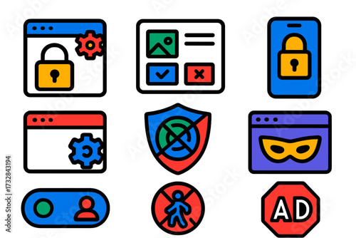 Privacy Icons Collection. Flat vector icons of app and website privacy: privacy settings menu, permission access popup, app lock