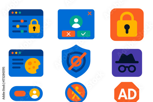 Privacy Icons Collection. Flat vector icons of app and website privacy: privacy settings menu, permission access popup, app lock