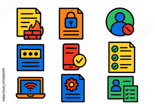 Vibrant Security Icons. Flat vector icons of security and IT policies: firewall rules sheet, access policy document, login