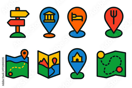 Vibrant Tourism Icons. Flat vector icons of tourism and activity maps: hiking trail sign, museum map marker, hotel pin icon,