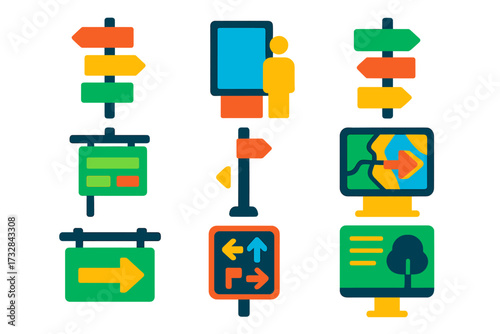 Bright Directional Icons. Flat vector icons of directional signs and guides: road signpost with arrows, wayfinding kiosk icon,