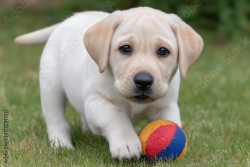 Playful Labrador Retriever Puppy with Colorful Ball on Grass