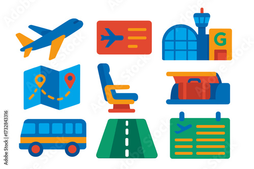 Air Travel Icons. Flat vector icons of air travel concepts: airplane in flight, boarding pass icon, airport terminal gate, flight