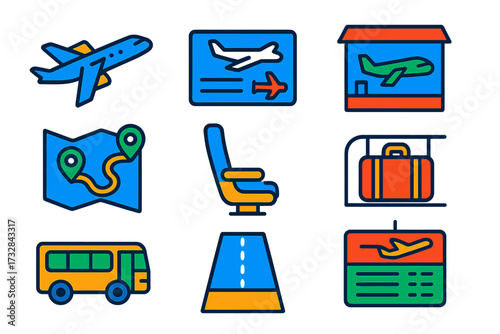 Air Travel Icons. Flat vector icons of air travel concepts: airplane in flight, boarding pass icon, airport terminal gate, flight