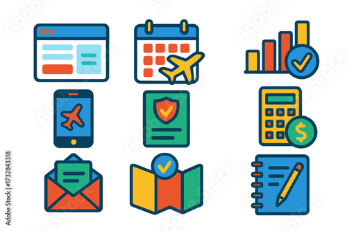 Travel Planning Icons. Flat vector icons of travel booking and planning: online booking form, calendar with flight, comparison