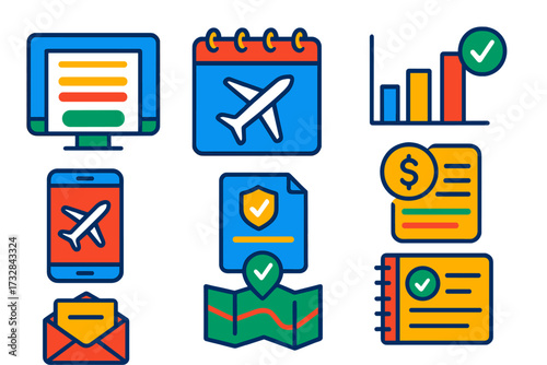 Travel Planning Icons. Flat vector icons of travel booking and planning: online booking form, calendar with flight, comparison