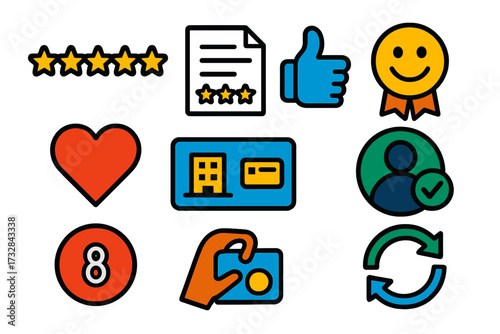 Hotel Rating Icons. Flat vector icons of hotel ratings and reviews: star rating icon, guest review sheet, thumbs up feedback,