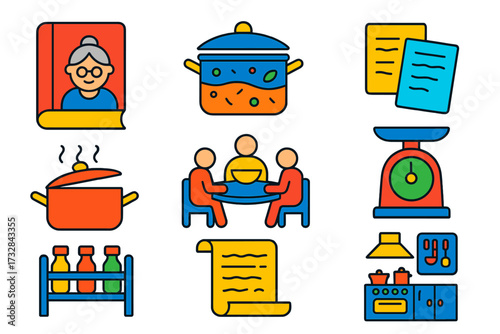 Vintage Recipe Icons. Flat vector icons of traditional recipes: grandma's cookbook, soup pot, handwritten notes, stewing pot,