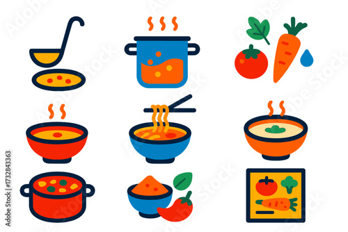 Soup Recipe Icons. Flat vector icons of soup recipes: ladle with soup, boiling pot, broth ingredients, soup bowl, noodle soup,