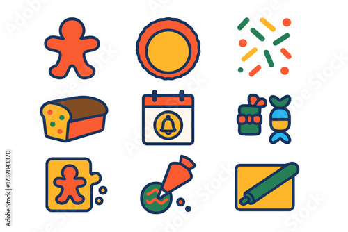 Festive Baking Icons. Flat vector icons of festive baking recipes: holiday cookie cutter, cake mold, festive sprinkles, fruitcake