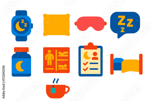 Colorful Sleep Icons. Flat vector icons of sleep and rest: sleep tracker, pillow icon, sleep mask, zzz bubble, melatonin