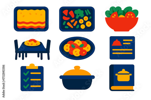 Family Dinner Icons. Flat vector icons of family dinner recipes: lasagna tray, roasted vegetables, large serving bowl, family