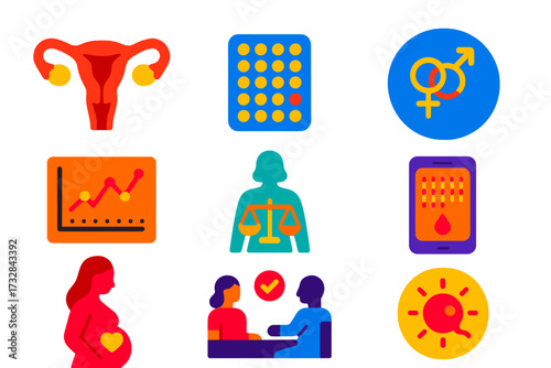 Reproductive Health Icons. Flat vector icons of reproductive health: uterus diagram, birth control pack, fertility chart, safe sex