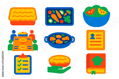 Family Dinner Icons. Flat vector icons of family dinner recipes: lasagna tray, roasted vegetables, large serving bowl, family