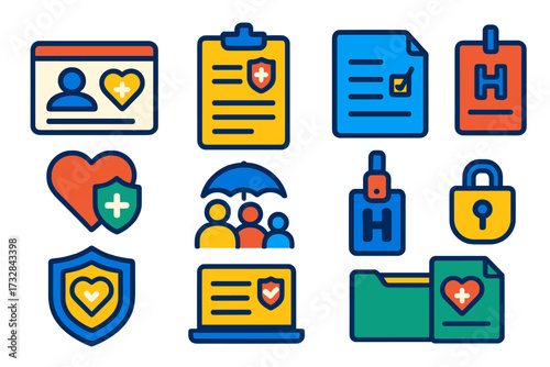 Healthcare Insurance Icons. Flat vector icons of health insurance: health ID card, policy document, claim form, medical coverage