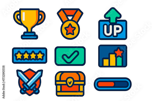 Game Achievement Icons. Flat vector icons of game achievements: trophy cup, medal badge, level up icon, star rating, achievement