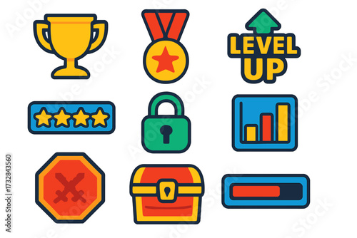 Game Achievement Icons. Flat vector icons of game achievements: trophy cup, medal badge, level up icon, star rating, achievement