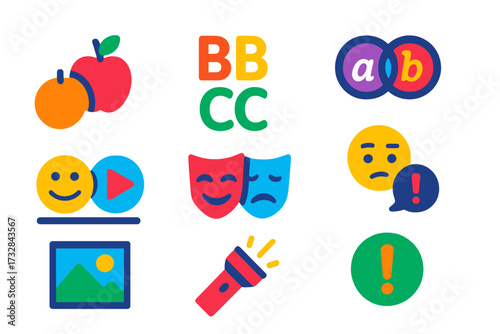 Literary Device Icons. Flat vector icons of literary devices: metaphor symbol, alliteration icon, rhyme pattern, simile sign,