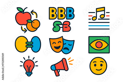 Literary Device Icons. Flat vector icons of literary devices: metaphor symbol, alliteration icon, rhyme pattern, simile sign,