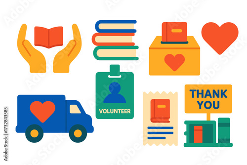 Book Donation Icons. Flat vector icons of book donation: open hands, book stack, donation box, charity heart, delivery van,