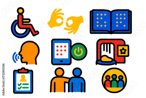 Special Education Icons. Flat vector icons of special education: wheelchair access, sign language, braille book, speech therapy,