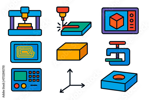 Digital Fabrication Icons. Flat vector icons of digital fabrication: CNC machine, laser cutter, modeling software icon, toolpath