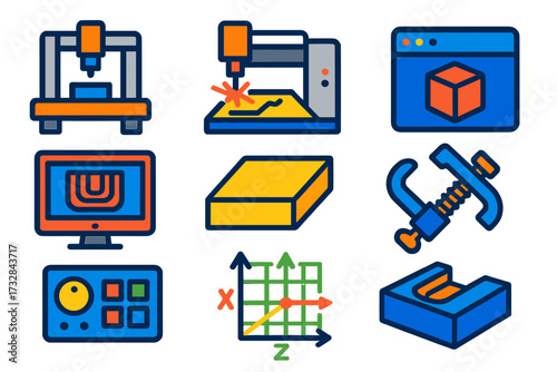 Digital Fabrication Icons. Flat vector icons of digital fabrication: CNC machine, laser cutter, modeling software icon, toolpath
