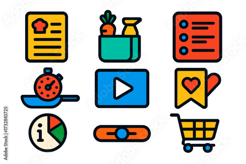 Cooking App Icons. Flat vector icons of cooking apps: recipe list, shopping ingredients, step-by-step, timer pan, video demo,