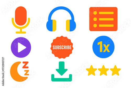 Bold Podcast Icons. Flat vector icons of podcast apps: microphone, headphones, episode list, play button, subscribe badge, speed