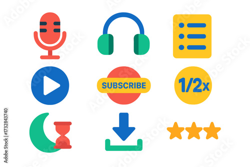 Bold Podcast Icons. Flat vector icons of podcast apps: microphone, headphones, episode list, play button, subscribe badge, speed