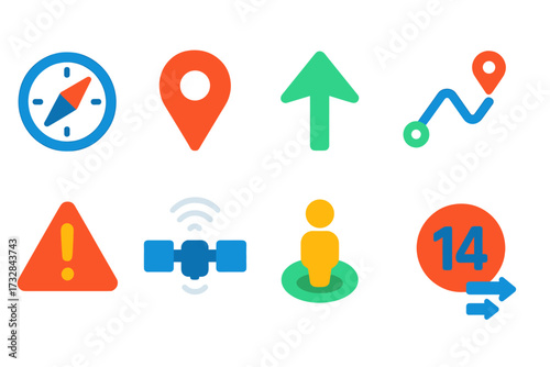 Modern Navigation Icons. Flat vector icons of navigation apps: compass, map pin, direction arrow, route line, traffic alert,