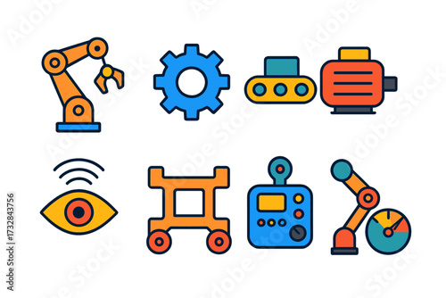 Robotics Icon Set. Flat vector icons of robotics: robotic arm, gear wheel, conveyor belt, motor icon, sensor eye, chassis frame,