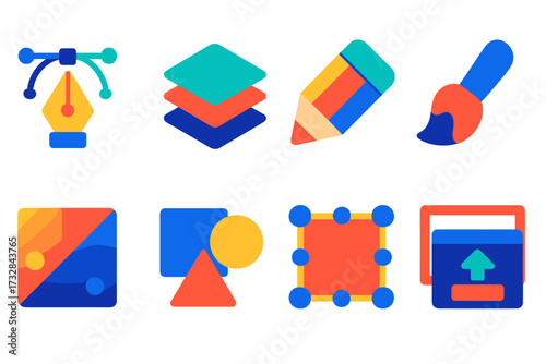 Modern Graphic Tool Icons. Flat vector icons of graphic software: vector pen tool, layers panel, color picker, brush tool,