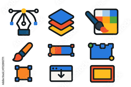 Modern Graphic Tool Icons. Flat vector icons of graphic software: vector pen tool, layers panel, color picker, brush tool,