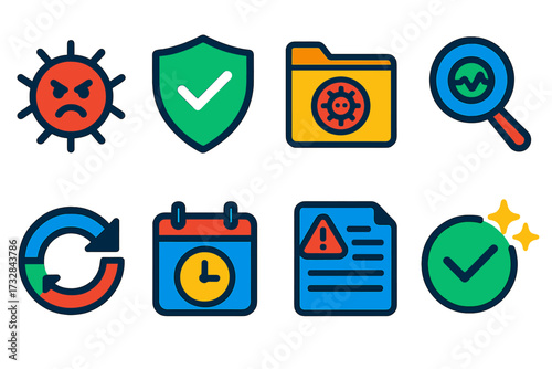 Antivirus Icon Set. Flat vector icons of antivirus software: virus icon, shield with check, quarantine folder, real-time scan,