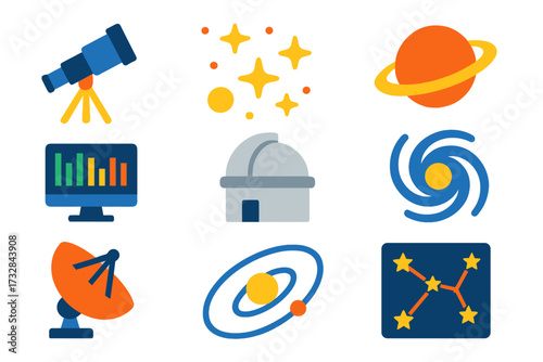 Astronomical Icon Set. Flat vector icons of astronomical research: telescope, star cluster, planet icon, spectrometer, observatory