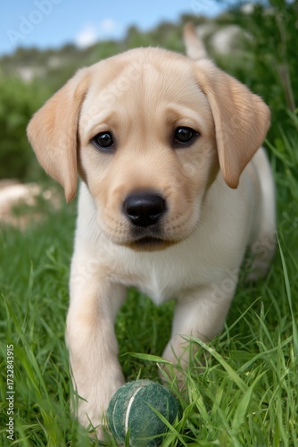 Cute Labrador Retriever Puppy Playing with Ball on Grass