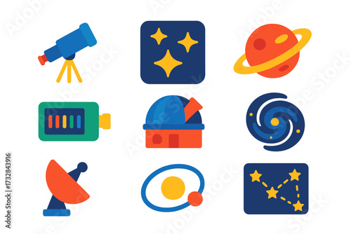 Astronomical Icon Set. Flat vector icons of astronomical research: telescope, star cluster, planet icon, spectrometer, observatory