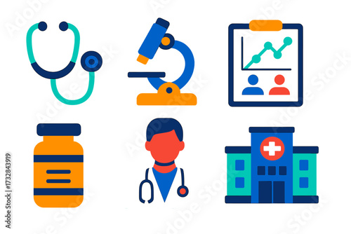 Modern Medical Icons. Flat vector icons of medical research: stethoscope, microscope, clinical trial chart, prescription bottle,