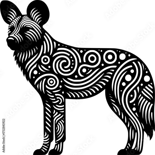 Wild Dog Art: A stunning illustration of a wild dog, its form masterfully crafted with intricate black and white lines, embodies both elegance and wilderness in striking detail.