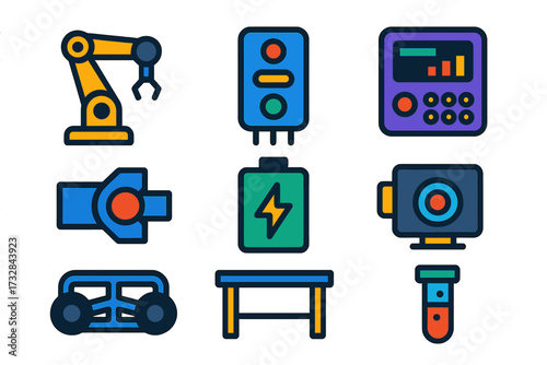 Robotics Icons Set. Flat vector icons of robotics research: robotic arm, sensor array, control panel, joint actuator, battery pack